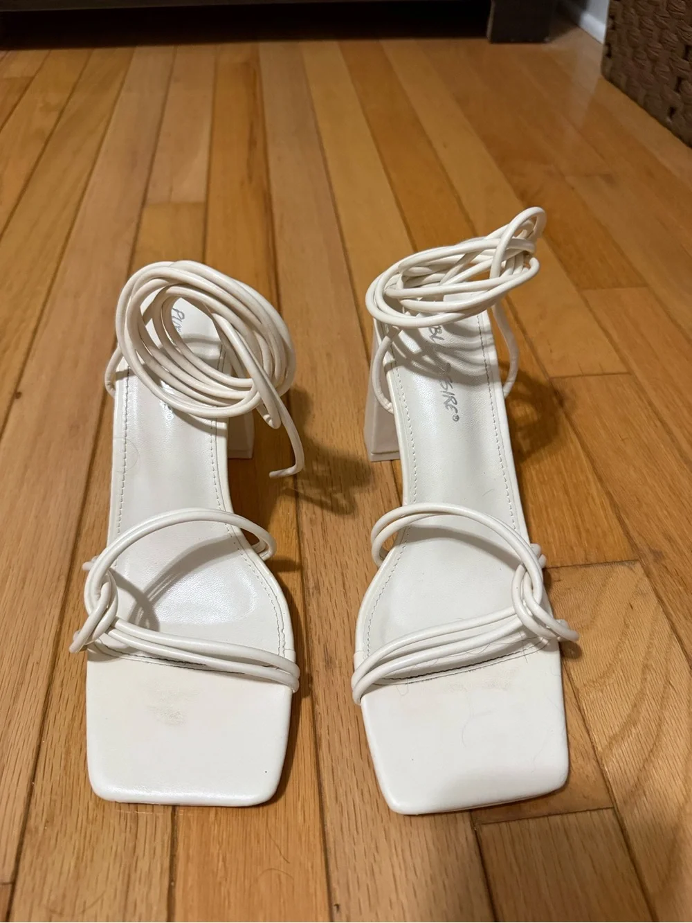 ASOS Cream Strappy Block Heel Sandals with Ankle Tie
